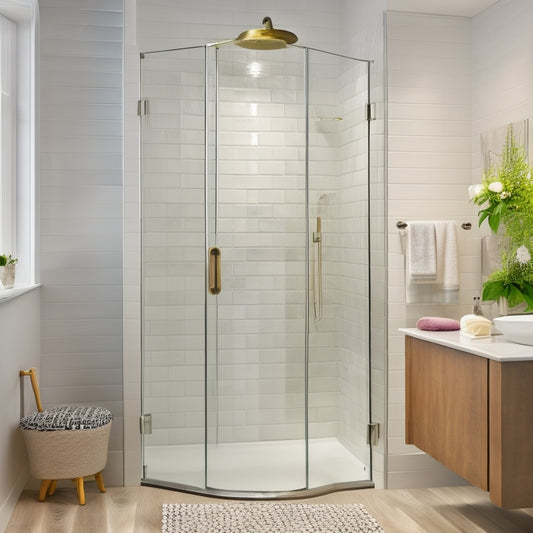 A stylish bathroom with a sleek, glass-door shower enclosure, featuring a wall-mounted cabinet with soft-close doors, chrome handles, and LED lighting, surrounded by white subway tiles and a rain showerhead.