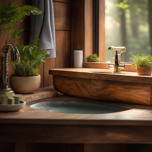 A serene bathroom scene featuring a wooden sink with a live edge, mounted on a reclaimed wood vanity, surrounded by lush greenery, and illuminated by soft, warm lighting.