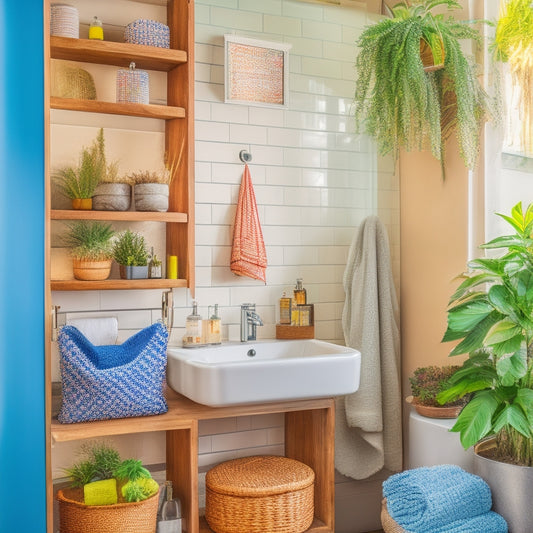A cozy small bathroom with neatly organized shelves, colorful baskets, and hooks displaying towels, essential oils, and toiletries, surrounded by plants, soft lighting, and a stylish mirror, creating an inviting and functional space.