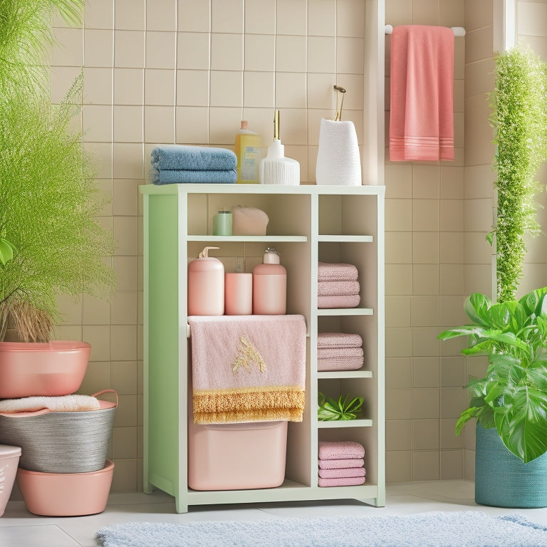 A serene bathroom scene featuring stylish waterproof storage bins in soft pastel colors, neatly organized on shelves, surrounded by lush green plants, towels, and decorative accessories, evoking tranquility and order amidst clutter.