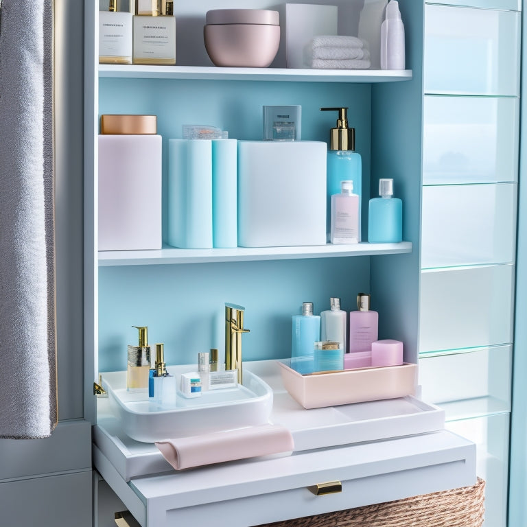 A modern bathroom cabinet with organized space-efficient drawer inserts, showcasing neatly arranged toiletries, makeup, and accessories, featuring soft pastel colors and natural light illuminating the sleek design and materials.