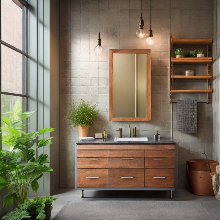 A modern industrial bathroom with a cabinet made from reclaimed wood, surrounded by sleek metal fixtures, and topped with a living green wall, set against a concrete backdrop.