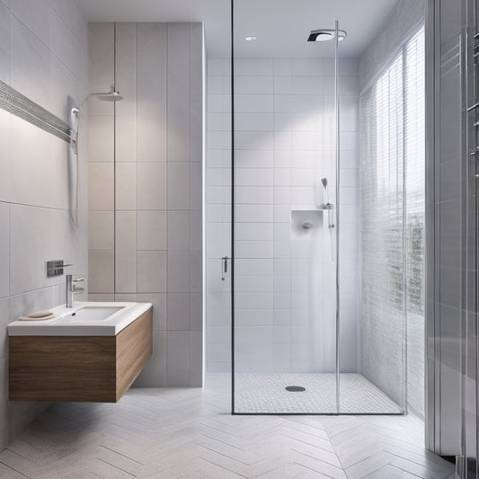 A modern, minimalist bathroom with a curbless shower featuring a sleek, linear drain and a subtle slope, surrounded by large-format tiles and a wall of glass, with a faint grid pattern of waterproofing membrane visible beneath.