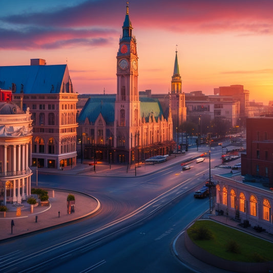 A stylized cityscape at dusk with bright, vibrant colors, featuring a prominent town hall with a clock tower, surrounded by closed streets, construction cones, and meeting tables with chairs.