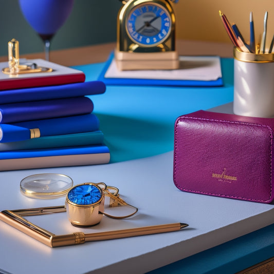 A stylized, minimalist desk scene with a sleek, leather-bound planner at its center, surrounded by colorful pens, a miniature clock, and a few, carefully arranged, inspirational gemstones.
