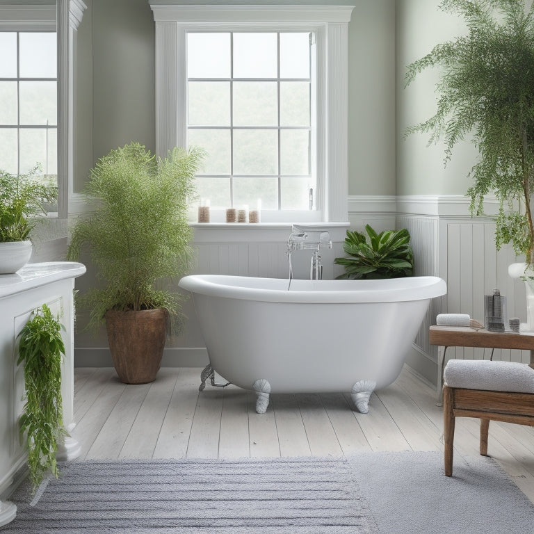 A serene white bathroom with a freestanding tub, adorned with lush greenery, featuring three different white bathroom stands in various styles and sizes, each with a unique decorative vase.