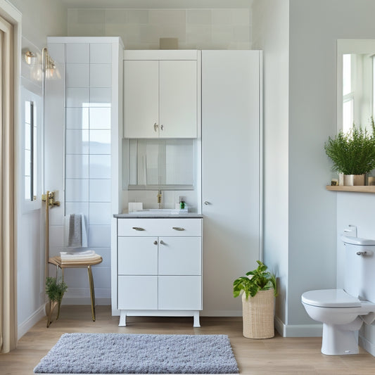 A modern, white bathroom with a wall-mounted cabinet featuring a mirrored door, a pedestal sink with a slide-out drawer, and a shower caddy with built-in hooks and baskets.