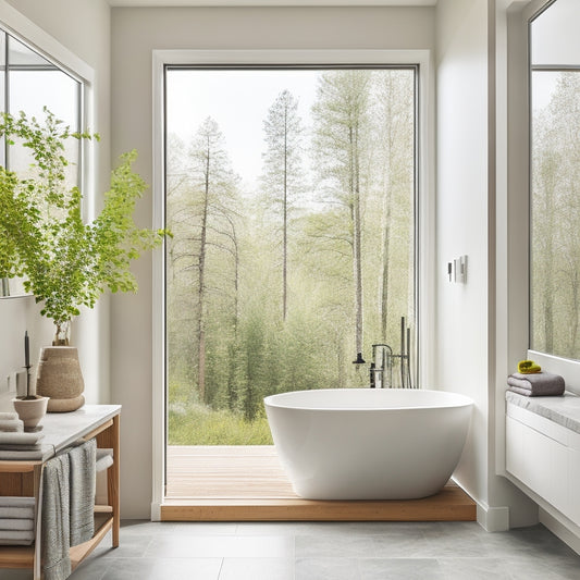 A serene bathroom scene with a freestanding tub centered beneath a large window, surrounded by a minimalist floating vanity, a sleek wall-mounted toilet, and a spacious walk-in shower with a rainfall showerhead.