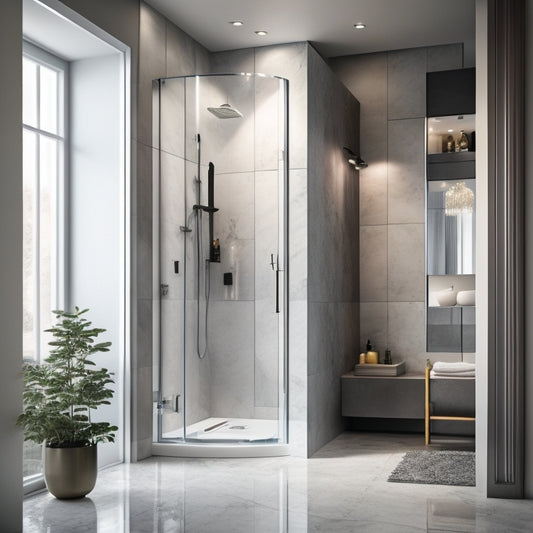 Generate an image of a sleek, modern bathroom featuring a freestanding shower enclosure with a curved glass door, rainfall showerhead, and a built-in bench surrounded by grey marble walls and floors.