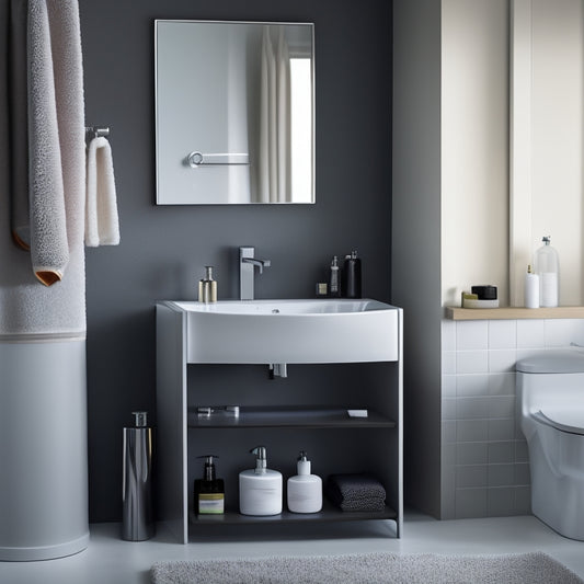 A sleek, modern bathroom with a pedestal sink, featuring a slide-out drawer underneath, filled with neatly arranged toiletries, towels, and cleaning supplies, amidst a calming, monochromatic background.