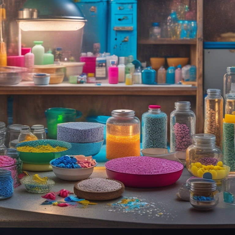 A cluttered, well-lit soap maker's workspace with various sized glass containers, stainless steel mixing bowls, and utensils, surrounded by colorful soap chunks and swirling patterns of soap batter.
