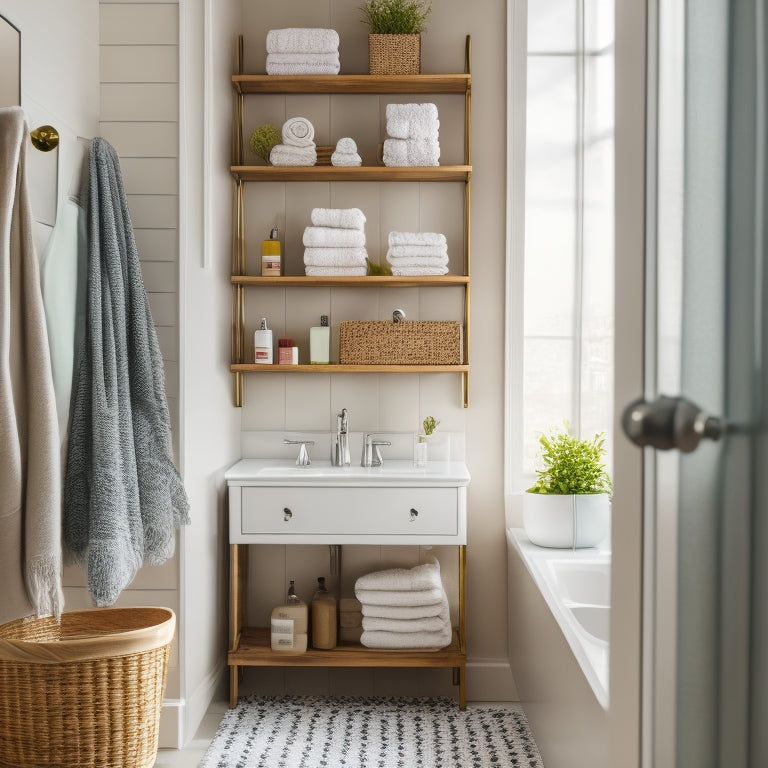 A cozy apartment bathroom featuring vertical shelving with colorful baskets, a sleek mirrored cabinet above the sink, and hooks for towels, all set against a soft, neutral color palette and stylish decor accents.
