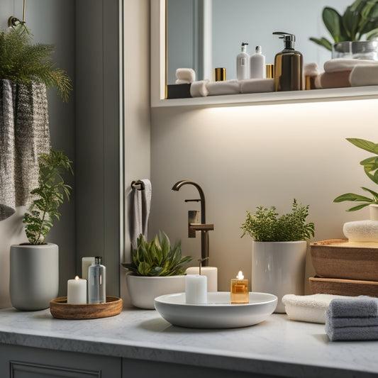 A serene bathroom scene featuring sleek waterproof floating shelves adorned with neatly arranged toiletries, vibrant plants, and candles, all against a backdrop of soft, calming colors and a gentle light reflecting off water droplets.
