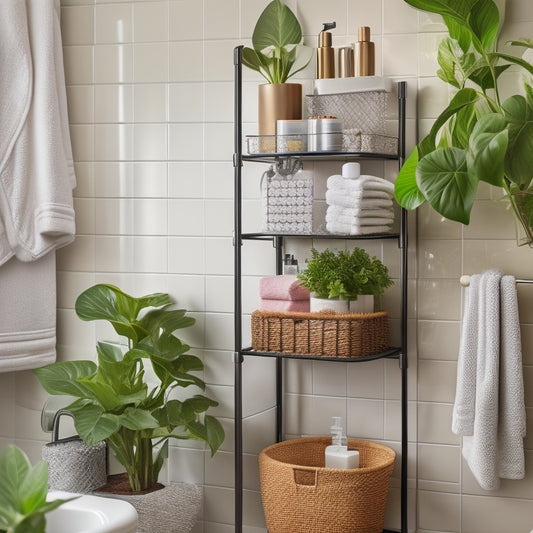 A stylish small bathroom featuring a sleek, multi-tiered shower caddy filled with neatly organized toiletries, vibrant bath essentials, and decorative plants, all set against a backdrop of elegant tiles and soft, ambient lighting.