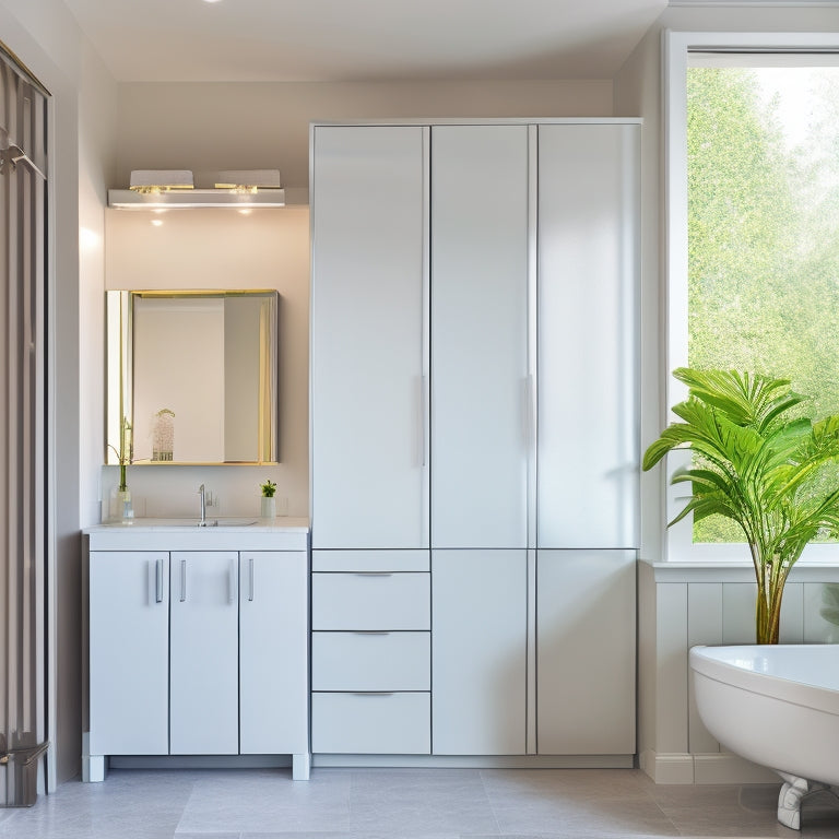 A sleek, modern bathroom with a wall-mounted, slimline storage unit featuring adjustable shelves, soft-close drawers, and a mirrored cabinet door, surrounded by gleaming chrome fixtures and crisp white tiles.