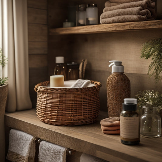 A cozy rustic bathroom with wooden shelves filled with neatly rolled towels, vintage jars holding toiletries, and a woven basket on a stone floor, surrounded by greenery and warm, ambient lighting.