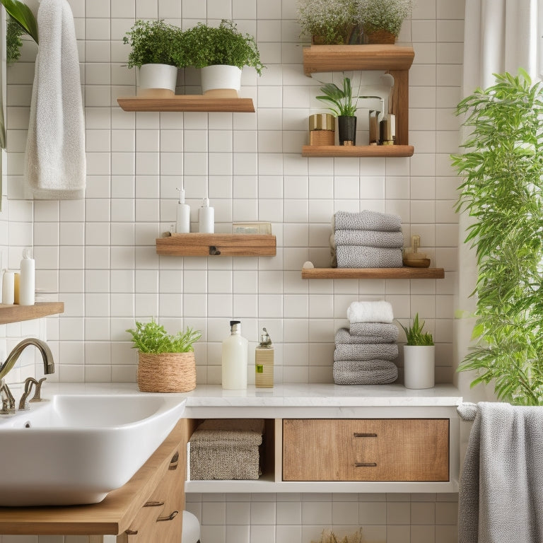 A bright, modern bathroom featuring open wooden shelves adorned with neatly folded towels, decorative jars, lush greenery, and chic toiletries, all against a backdrop of white subway tiles and natural light streaming in.