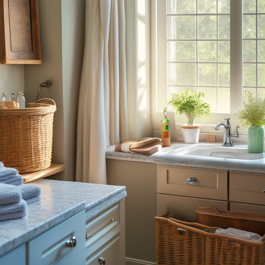A serene bathroom scene featuring a neatly organized under-sink cabinet with labeled baskets, rolled towels, and cleaning supplies arranged harmoniously, surrounded by soft natural light filtering through a frosted window.