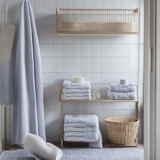 A serene bathroom scene featuring elegant towel racks, neatly folded towels in various colors, a stylish basket for linens, and a modern shelving unit, all arranged harmoniously in a calming, minimalist aesthetic.