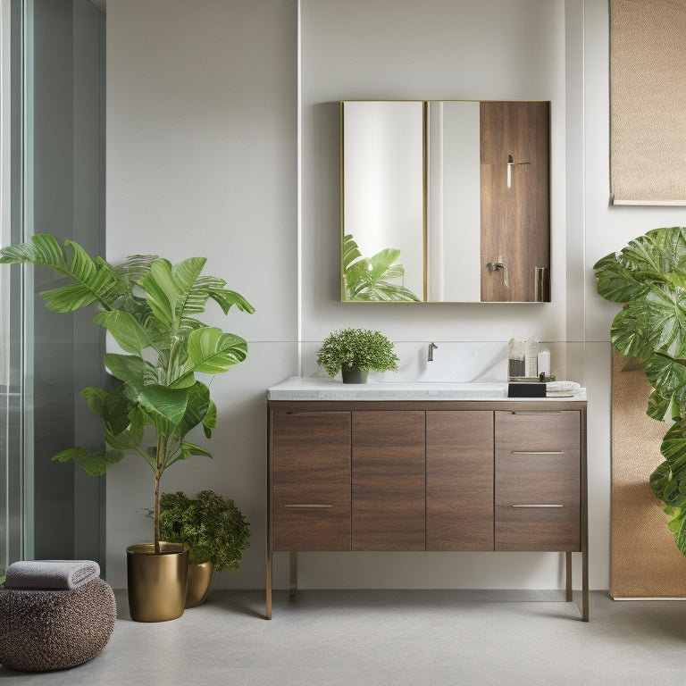 A luxurious bathroom scene featuring sleek modular storage solutions in rich wood and polished metal, accented by elegant plants, soft ambient lighting, and textured towels, all set against a marble backdrop for an upscale feel.