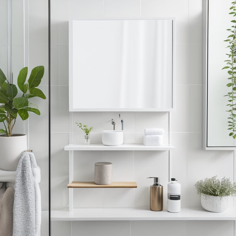 A sleek, white minimalist bathroom featuring elegant wood shelving, geometric glass containers, and subtle greenery, all arranged harmoniously against soft gray walls, highlighting contemporary design and organized simplicity.