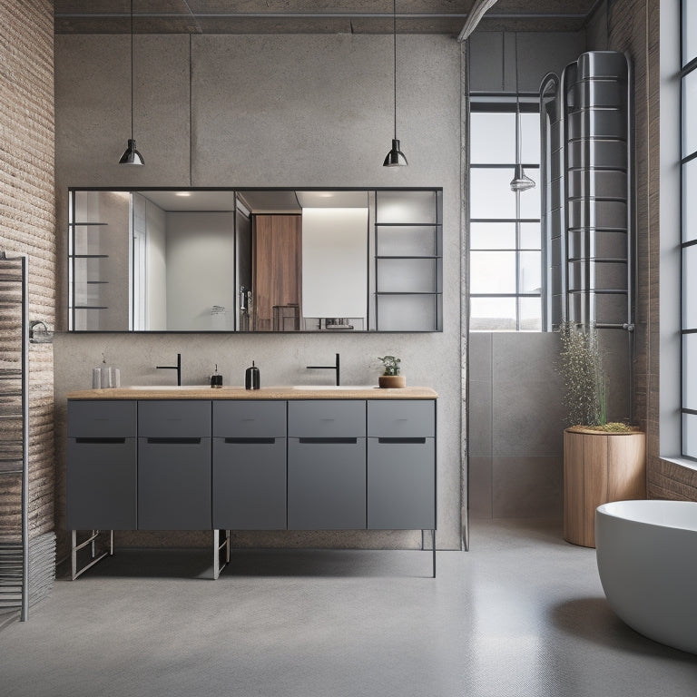 Industrial-chic bathroom with polished concrete floors, exposed pipes, and sleek metal cabinets in a matte black finish, adorned with minimalist hardware and surrounded by modern fixtures and ample natural light.