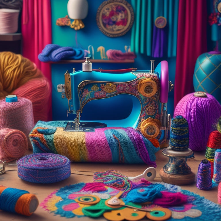 A whimsical illustration of a fantastical design studio, with colorful fabrics, threads, and yarns spilling out of a vibrant, oversized sewing machine, amidst a backdrop of swirling patterns and shapes.