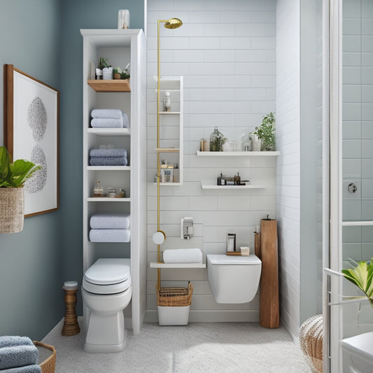 A modern bathroom with a sleek, wall-mounted toilet and three above-toilet storage options: a recessed cabinet with a mirrored door, a floating shelf with decorative baskets, and a ladder-style shelving unit.