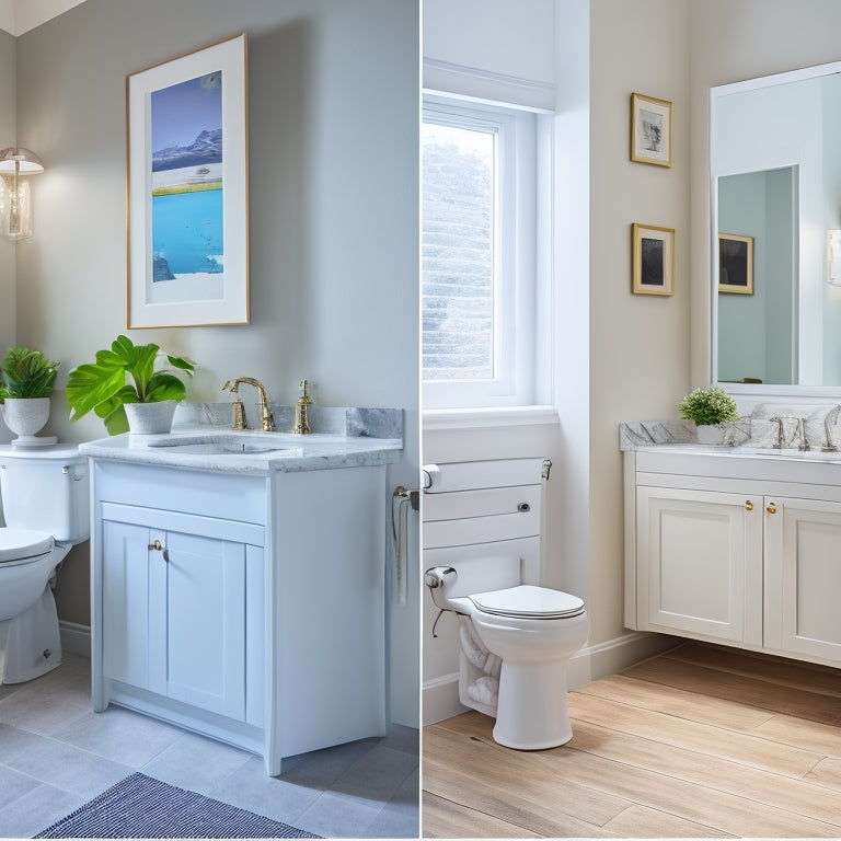 A split-screen image featuring a modern bathroom with a pedestal sink against a clean white wall on one side, and a traditional vanity with cabinets on the other, both with sleek fixtures.