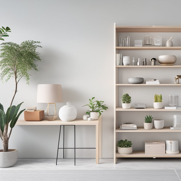 A minimalist, modern shelving system with adjustable shelves, soft-close drawers, and a built-in desk, set against a light gray background, with a few decorative objects and potted plants on the shelves.