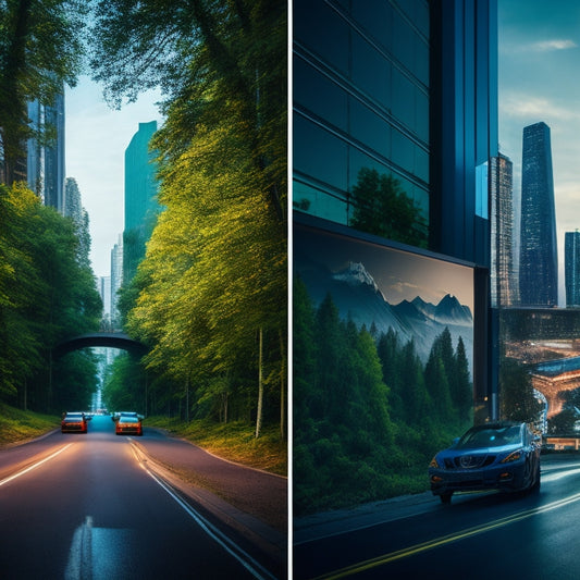 A split-screen image featuring three contrasting backgrounds: a sleek, modern cityscape for iDrive, a lush, vibrant forest for Smugmug, and a minimalist, industrial studio for Creative Cloud.