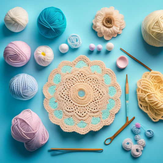 A bright, pastel-colored background with a delicate, lace-edged crochet doily in the center, surrounded by a few strategically placed balls of yarn and a pair of wooden crochet hooks.