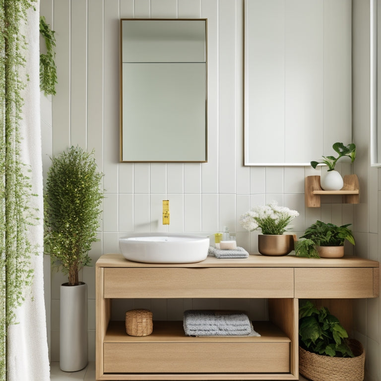 A sleek, modern bathroom featuring floating wooden shelves with neatly arranged minimalist storage baskets, a simple vessel sink, a large mirror reflecting soft natural light, and subtle greenery for a touch of sophistication.