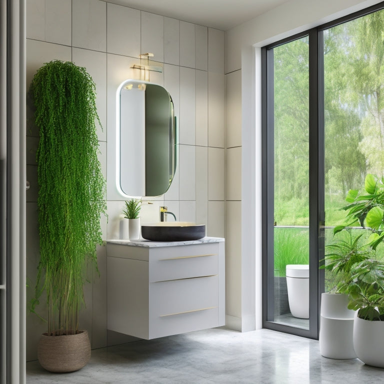 A sleek, modern luxury bathroom featuring a rotating storage unit with marble surfaces, soft ambient lighting, elegant chrome fixtures, and plush towels, surrounded by lush greenery and calming water elements.