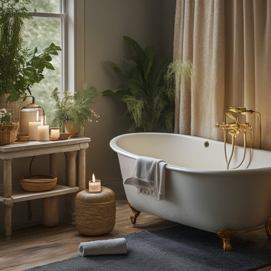 A serene bathroom scene featuring a freestanding tub, surrounded by lush greenery, with gold accents on the fixtures, a woven basket, and a few carefully placed candles, bathed in soft, warm light.