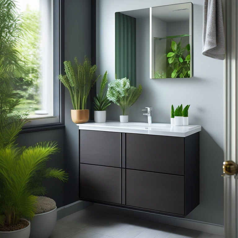 A sleek, modern bathroom with a compact mirrored cabinet, approximately 24 inches wide, mounted above a petite sink, reflecting a tidy towels and a few decorative plants on a nearby shelf.