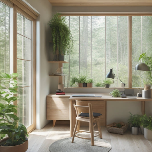 A serene, minimalist cabin interior with a Murphy bed, a compact desk, and a shelving unit with woven baskets, surrounded by lush greenery and natural light pouring through large windows.