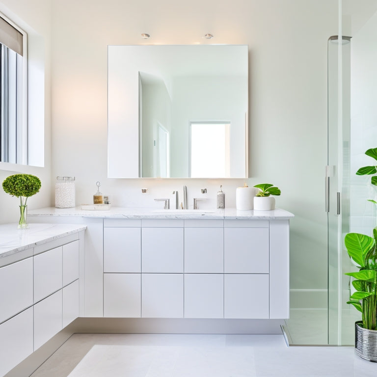 A minimalist bathroom featuring sleek, high-gloss white cabinets with sharp edges, elegant chrome handles, and a subtle marble countertop. Soft ambient lighting highlights the clean lines and modern fixtures, creating a serene atmosphere.