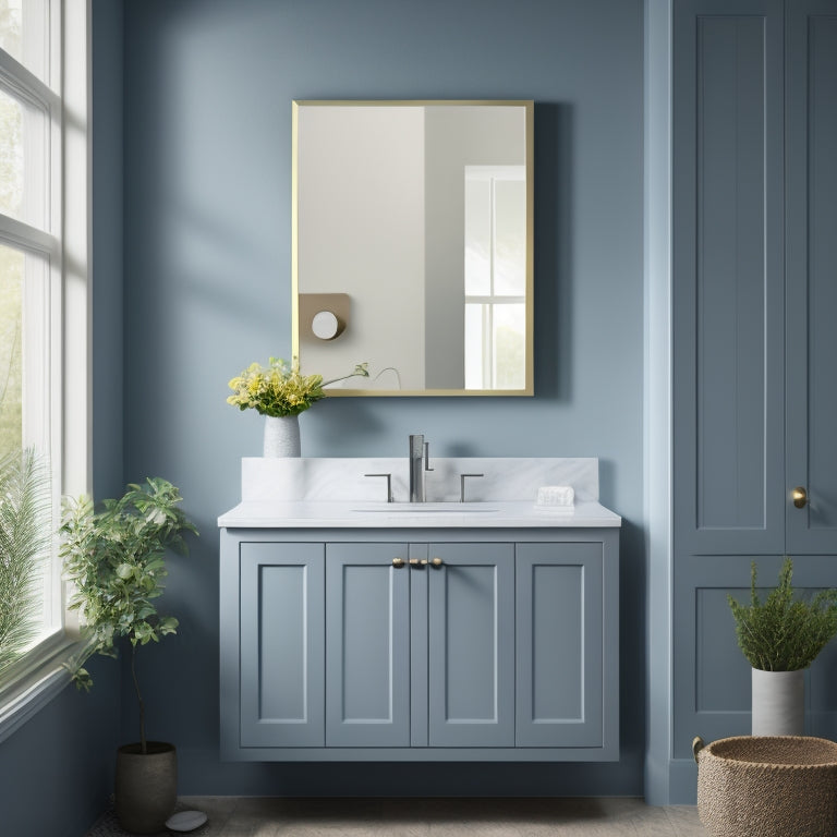 A sleek, wall-mounted sink cabinet in a soft, calming blue hue, with a rectangular mirror above, set against a crisp white bathroom backdrop, surrounded by subtle gray accents and a hint of natural light.