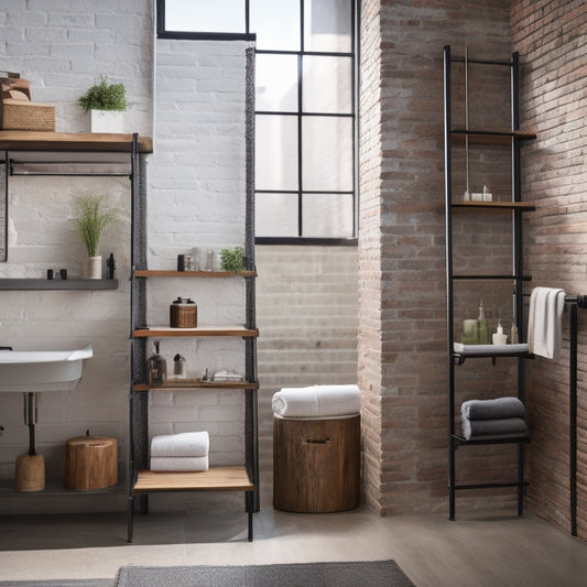 A sleek, minimalist industrial bathroom featuring floating metal shelves, a vintage ladder for towel storage, and repurposed wooden crates as organizers, all against a backdrop of exposed brick and soft ambient lighting.