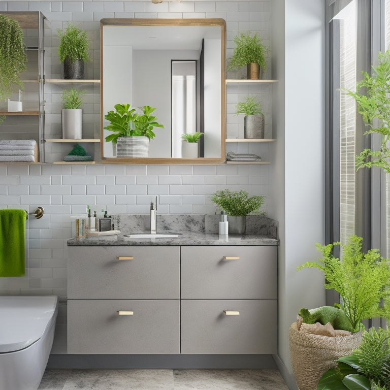 A modern bathroom with sleek, wall-mounted shelves, elegant under-sink cabinets, and innovative vertical storage solutions, featuring potted plants, neatly arranged toiletries, and soft lighting, creating a stylish yet functional space.