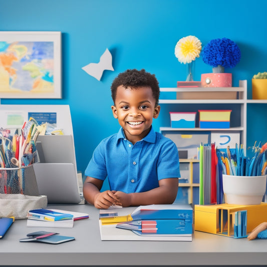A bright, colorful illustration of a cheerful child standing in front of a tidy, organized desk with folders, pencils, and a planner, surrounded by a clutter-free room with a subtle background of learning icons.
