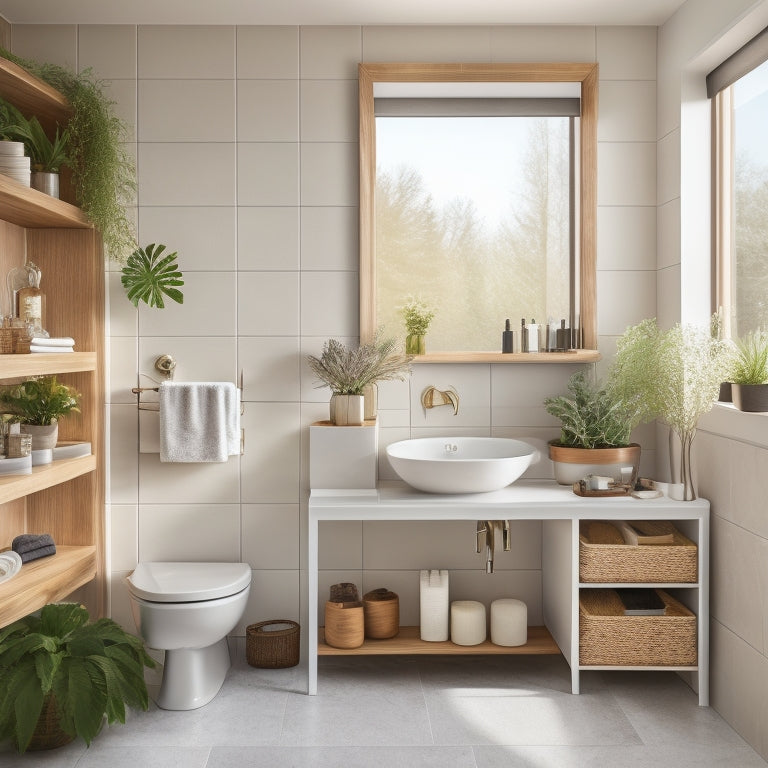 A modern bathroom featuring functional open shelving, neatly arranged with elegant toiletries, plants, and decorative baskets. Soft natural light filters through a frosted window, illuminating neutral-toned tiles and a minimalist design.