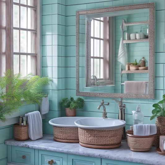 A charming vintage bathroom scene featuring wall-mounted wooden shelves adorned with glass jars, wicker baskets, and antique mirrors, surrounded by pastel-colored tiles and lush greenery for a nostalgic, cozy ambiance.