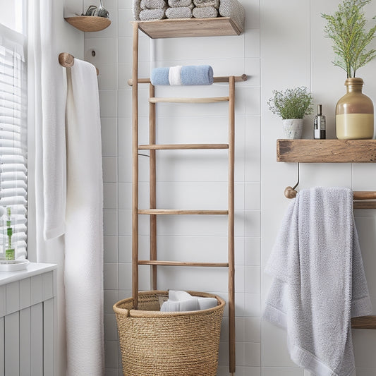 A cozy family bathroom featuring a wooden ladder for hanging colorful towels, a wicker basket filled with rolled towels, and a sleek wall-mounted shelf displaying decorative jars and essential toiletries. Soft lighting enhances the inviting atmosphere.