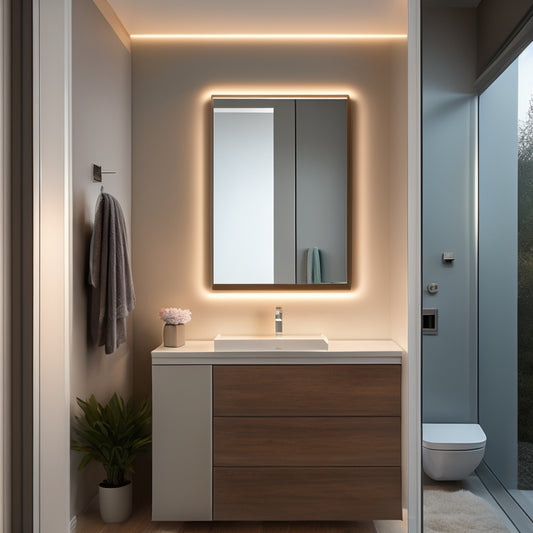 A sleek, modern bathroom with a wall-mounted medicine cabinet featuring soft-close doors, adjustable shelves, and a strip of warm LED lights illuminating the interior, surrounded by minimalist fixtures and a calming color scheme.