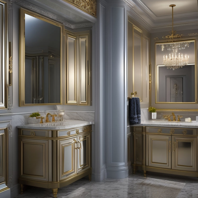 A luxuriously lit bathroom with three double-door mirrored cabinets in different styles: one with ornate gold hardware, one with sleek chrome handles, and one with minimalist recessed grips.