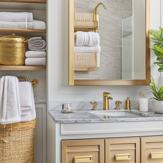 A chic under-sink storage solution featuring sleek wooden cabinets with gold handles, neatly organized baskets, and stylish rolled towels, set against a modern bathroom backdrop with marble countertops and elegant decor accents.