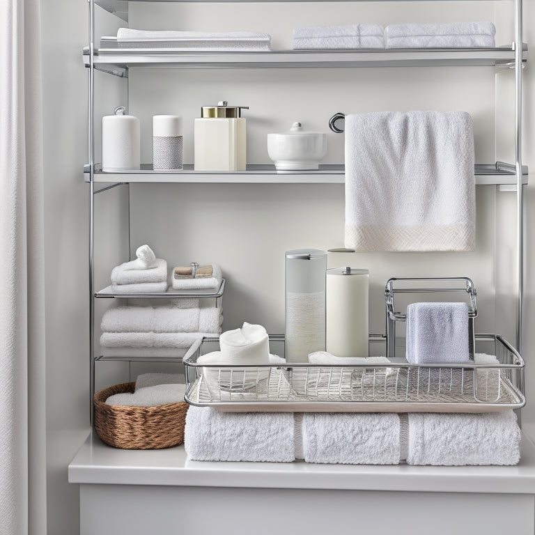 A serene bathroom with a large, wall-mounted shelf featuring three tiers of gleaming chrome baskets, holding rolled towels, toiletries, and decorative items, against a soft, white marble backdrop.