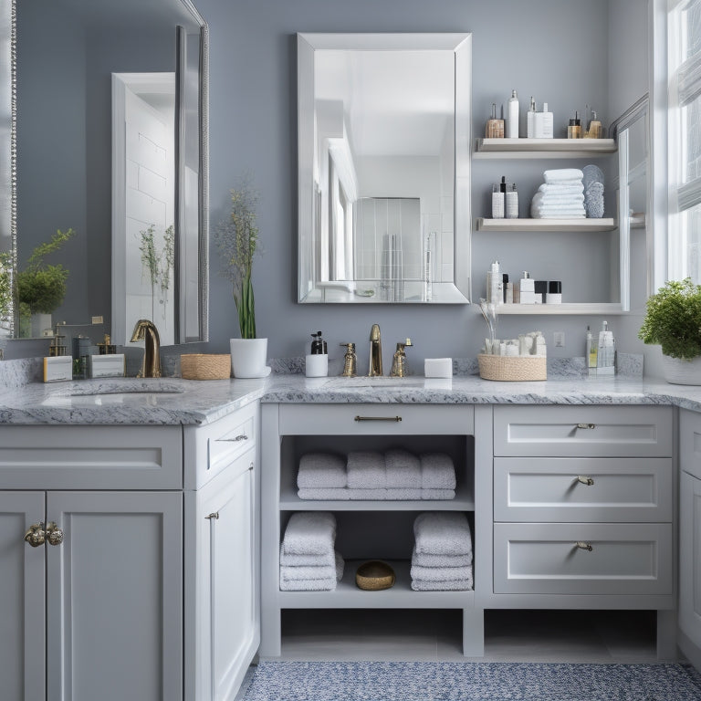 A beautifully organized bathroom with a white vanity, soft gray countertops, and a large mirror, featuring multiple drawers with dividers separating toiletries, towels, and beauty products in a harmonious arrangement.